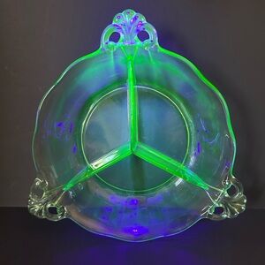 Uranium Green Depression Glass Divided Glass Serving Dish